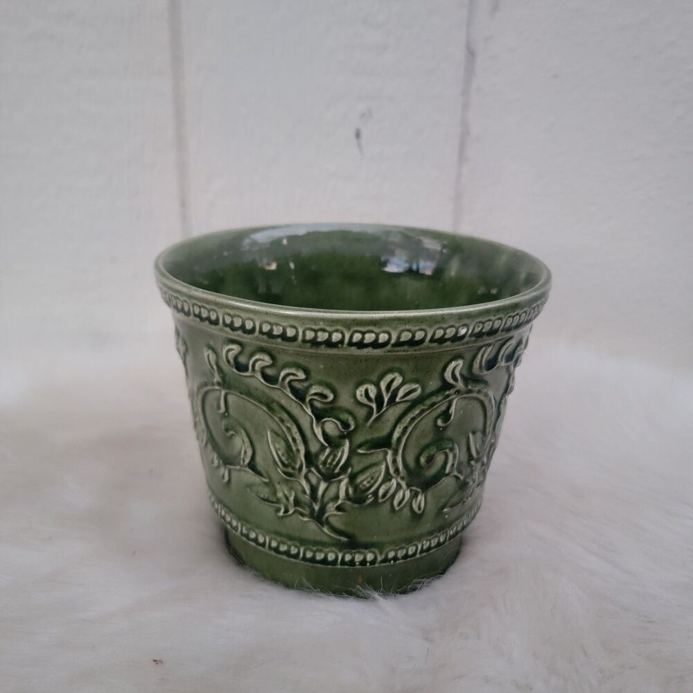 HAEGER Pottery Green Glazed Flower Pot NO. 1 USA Scroll Work & Flowers See Discr